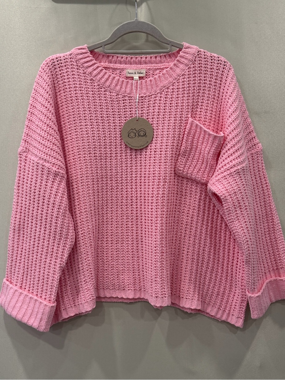 Aaron & Amber Women’s Pink Knit Sweater M/L Crewneck Long Sleeve Pocket NWT